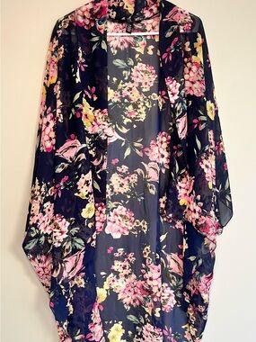 Navy Floral Sheer Kimono Cardigan Cover Up Boho Open Front Size Large